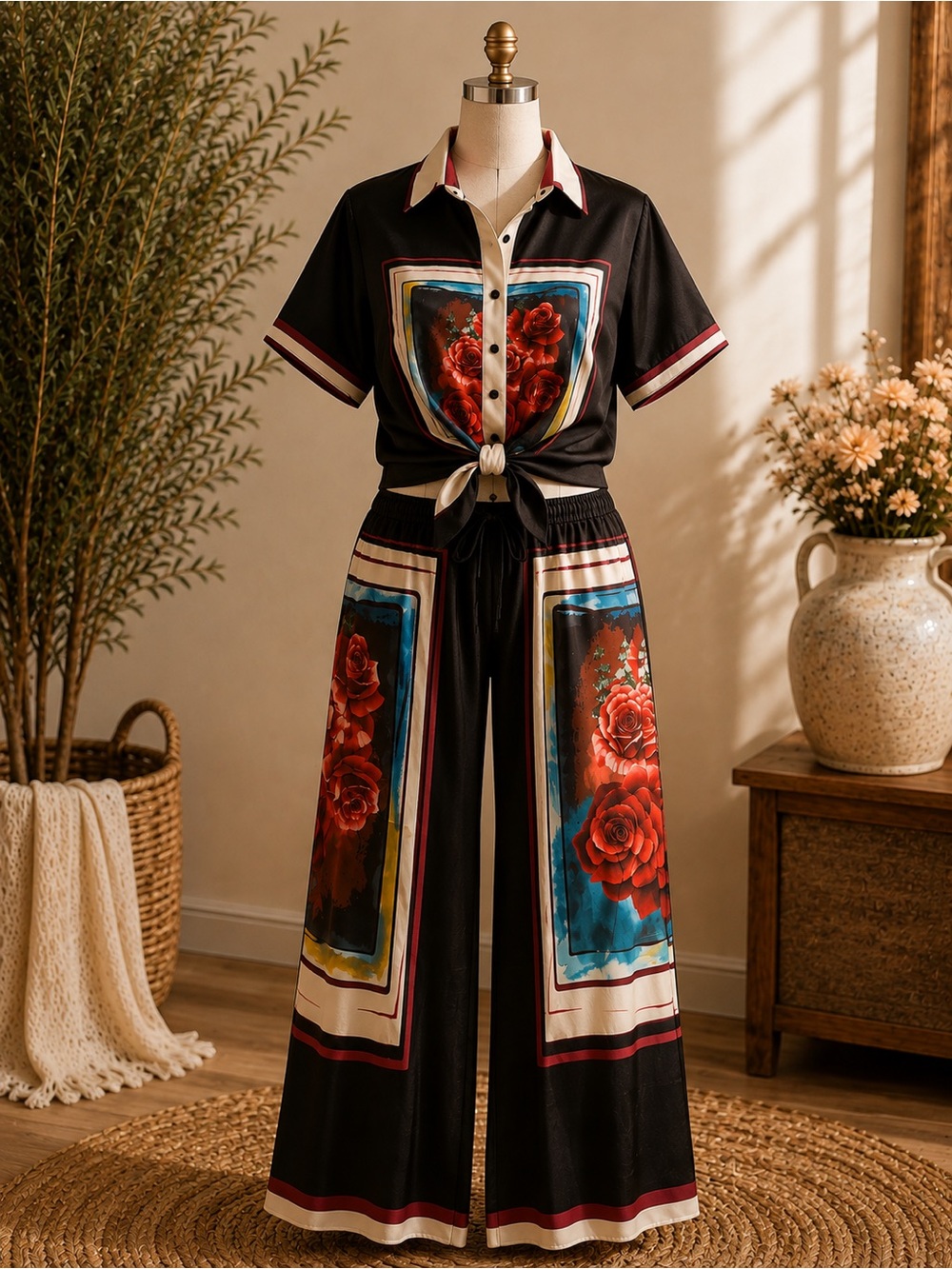 Endless Moon Black Floral Print Wide-Leg Two piece pantsuit Size Medium